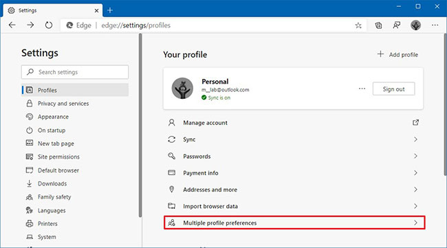 Nhấp vào tùy chọn Multiple profiles preferences