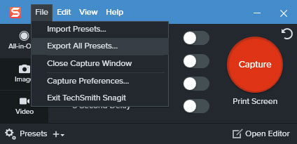 Cách nhập và xuất các Snagit preset trong Windows