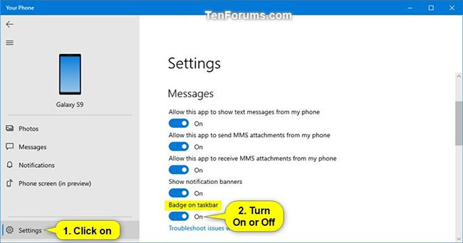 Cách bật/tắt Badge on taskbar cho tin nhắn mới trong Your Phone trên Windows 10