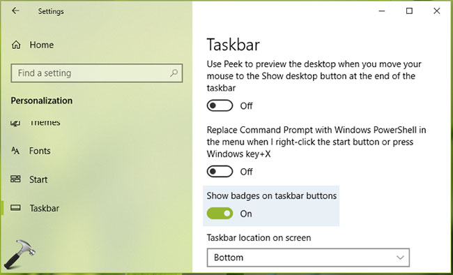 Cách bật/tắt tùy chọn Show badges on taskbar buttons trong Windows 10