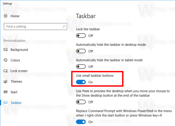 Bật/tắt tùy chọn Use small taskbar buttons trong Settings