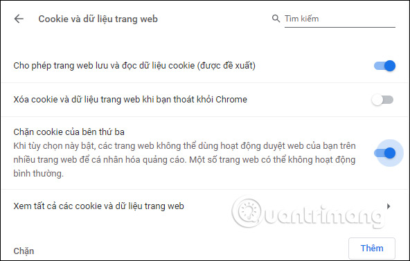 Tắt lưu trữ cookie 