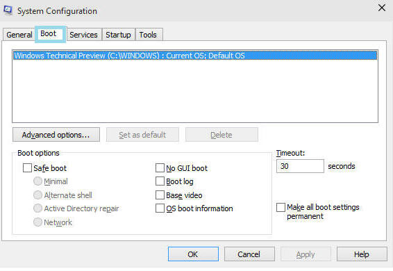 Chọn tab Boot từ hộp thoại System Configuration