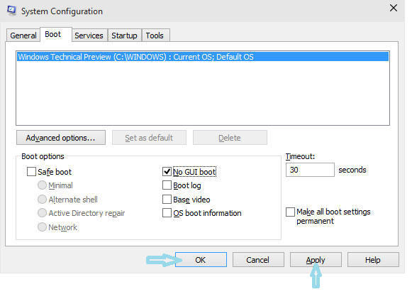Kích hoạt hộp kiểm có tên No GUI Boot trong phần Boot options