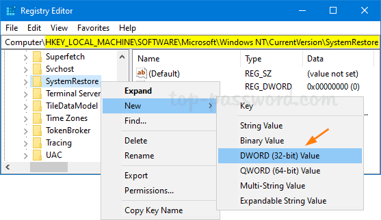 Nhấp chuột phải vào key SystemRestore ở bên trái và chọn New >DWORD (32-bit) Value
