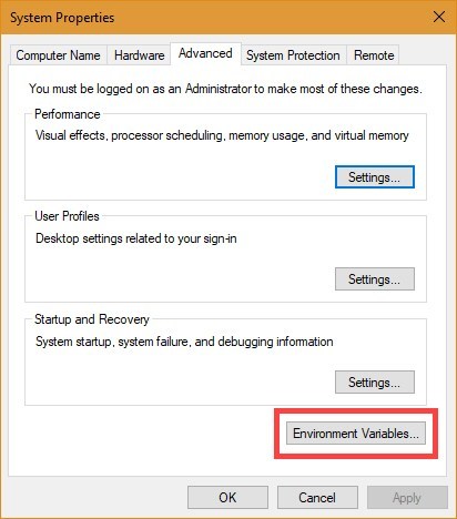 Nhấp vào nút Environment Variables