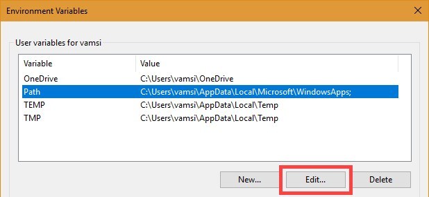Chọn biến Path và nhấp vào Edit