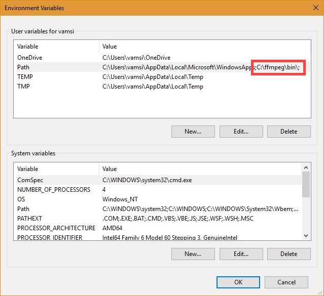 Giao diện trong cửa sổ Environment Variables chính