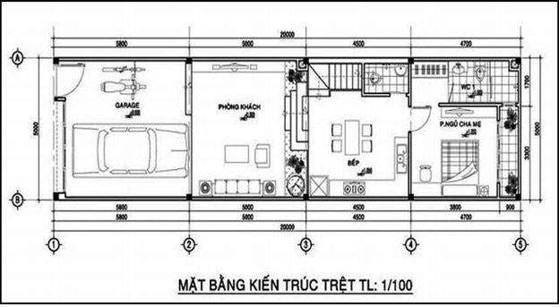Bản vẽ nhà ống 2 tầng 3 phòng ngủ 5,5x17m