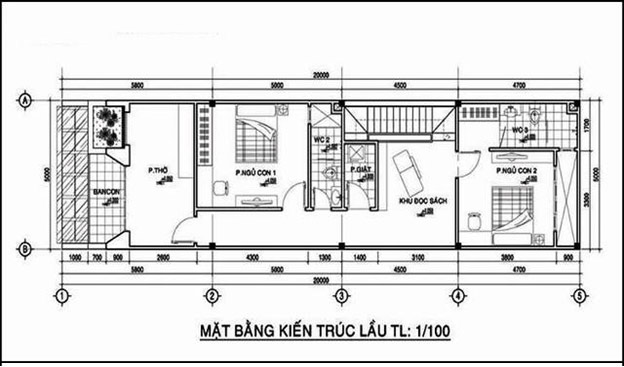 Bản vẽ nhà ống 2 tầng 3 phòng ngủ 5,5x17m 2