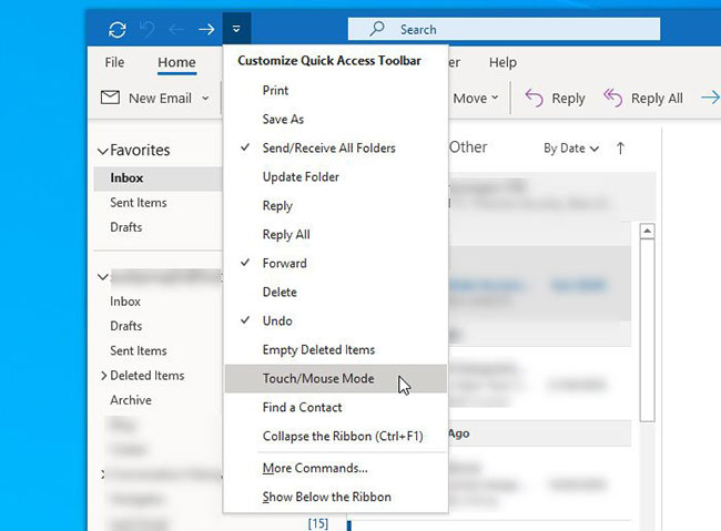 Cách chuyển đổi giữa Touch Mode và Mouse Mode trong Outlook