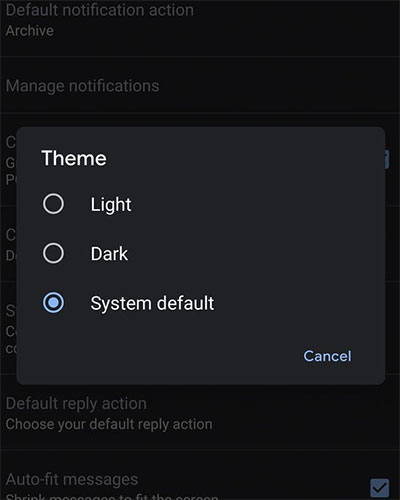 Chọn giữa các tùy chọn Light, Dark hoặc System default