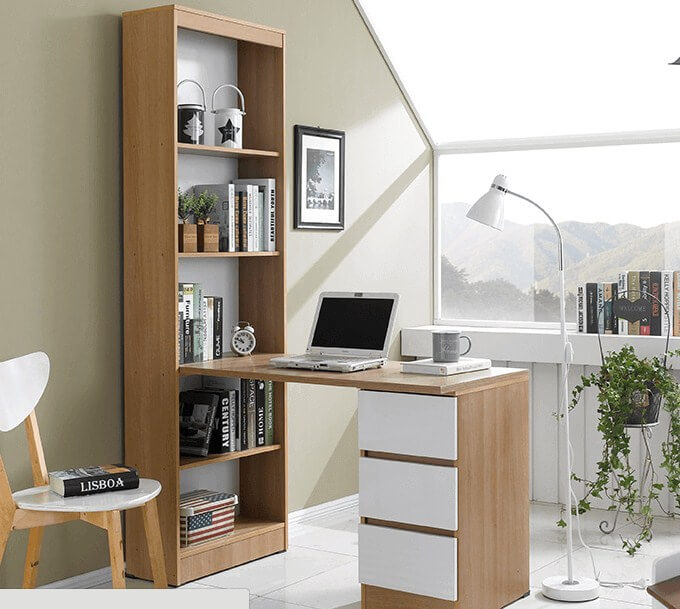 Bàn làm việc kết hợp giá sách và tủ hộc kéo