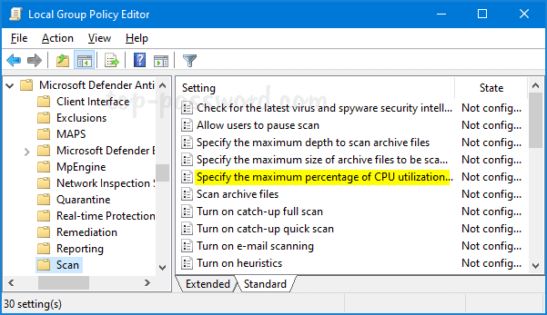 Nhấp đúp vào policy Specify the maximum percentage of CPU utilization during a scan