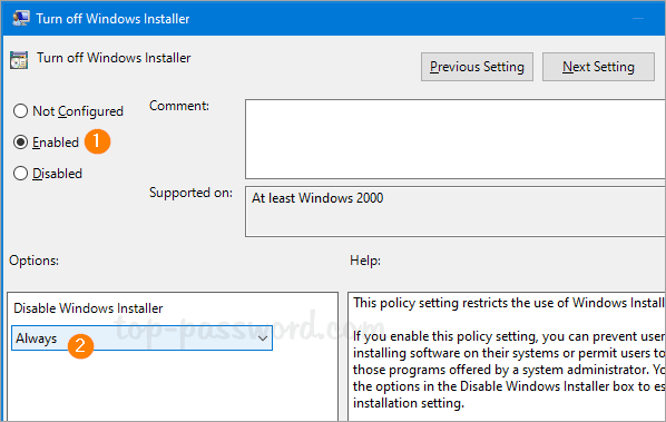 Nhấp vào danh sách drop-down Disable Windows Installer và chọn Always