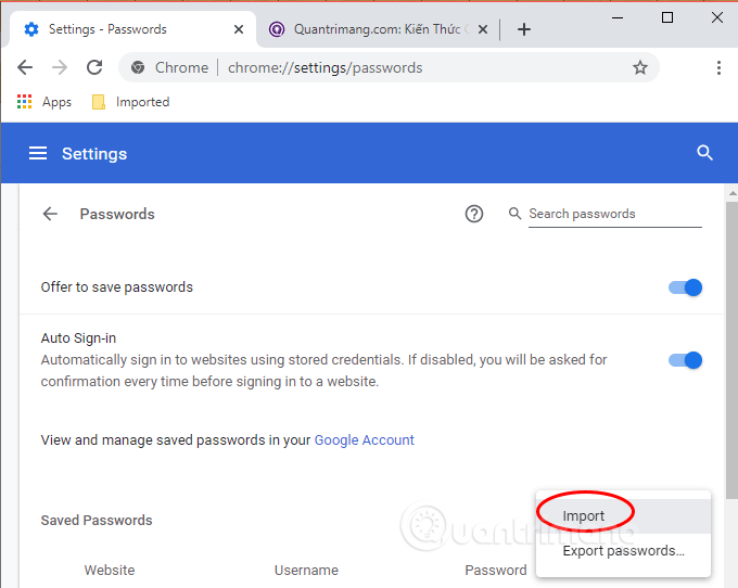 Nhấp vào biểu tượng Menu bên cạnh Saved Passwords và chọn Import