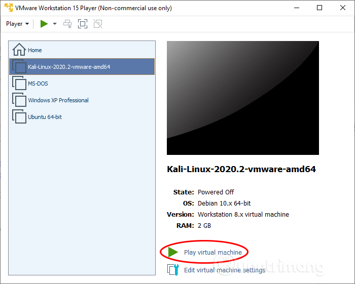 Khởi chạy máy ảo Kali Linux 2020.2
