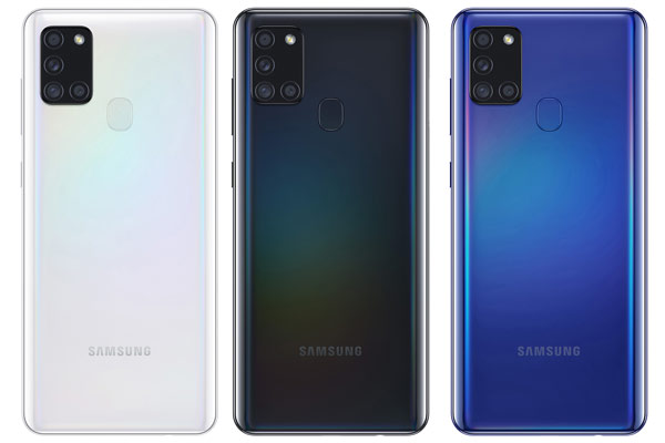 Samsung Galaxy A21s có 3 phiên bản màu sắc gồm đen, xanh dương và trắng
