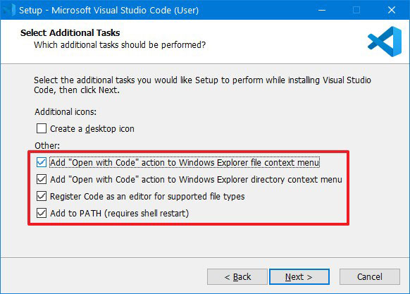 Tích vào tùy chọn Add “Open with code” action to Windows Explorer directory context menu