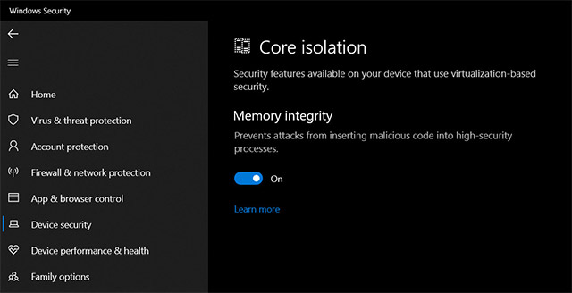 Tắt Memory Integrity