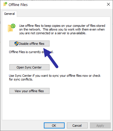 Nhấp vào nút Disable offline files