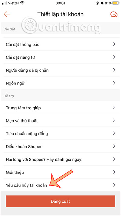 Yêu cầu xóa tài khoản