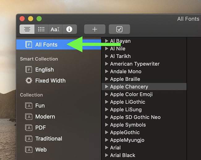 Chọn All Fonts trong thanh bên