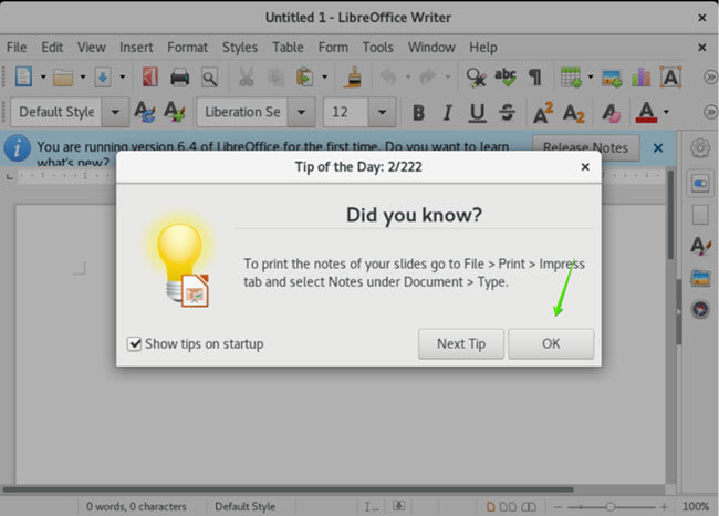 Giao diện ban đầu hiển thị trên mỗi cài đặt LibreOffice mới