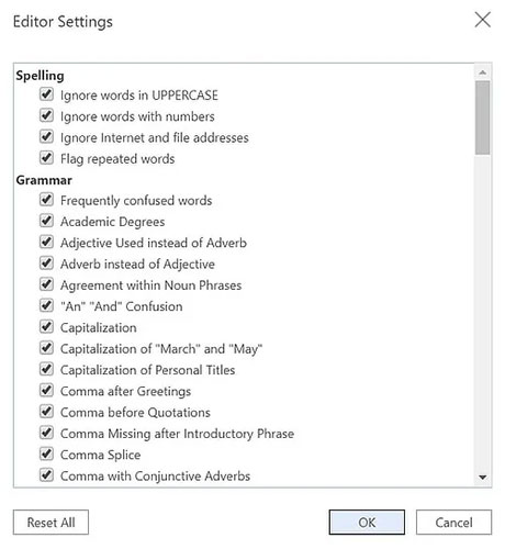 Editor có một menu chi tiết cho phép chọn những phần ngữ pháp và từ vựng cần để mắt đến