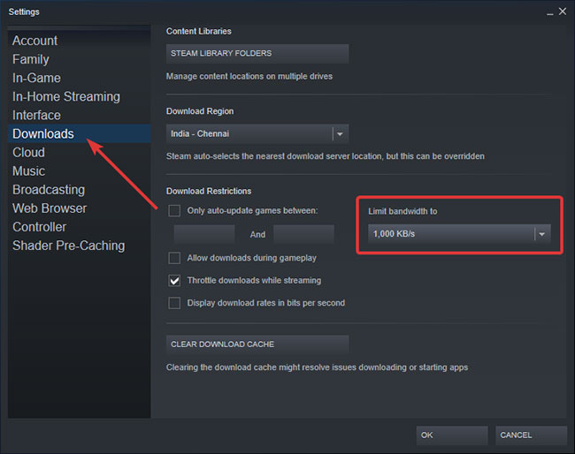 Chọn tốc độ download từ menu drop-down Limit bandwidth to