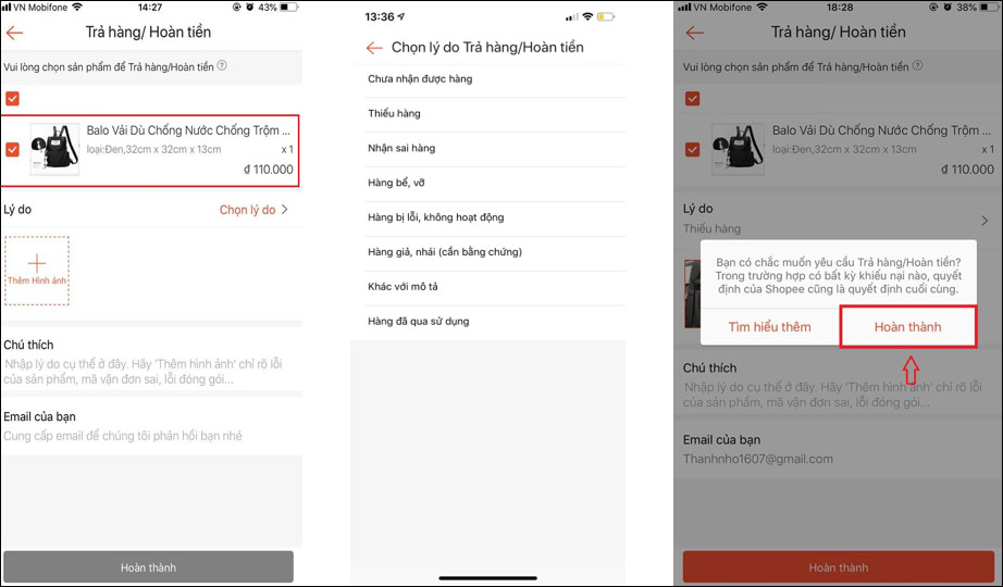 Nhập lý do trả hàng 