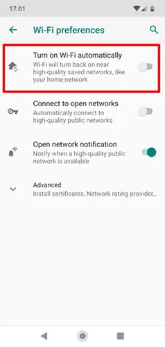 Tắt Turn on Wi-Fi automatically và Connect to open networks