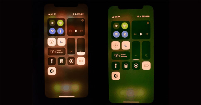 iPhone 11 (phải) dính lỗi màn hình xanh và chiếc iPhone bình thường (bên trái). Ảnh: MacRumors.