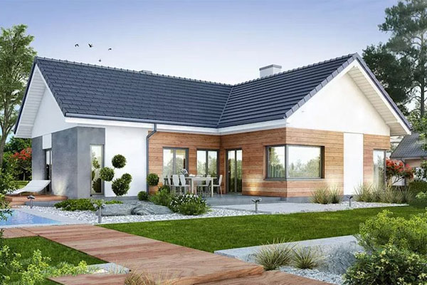 Nhà chữ cấp 4 chữ L đẹp với khoảng sân ở giữa được tận dụng làm nơi thư giãn, sinh hoạt chung ngoài trời cho các thành viên trong gia đình