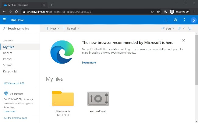 Microsoft hiển thị quảng cáo cho Edge mới trong OneDrive