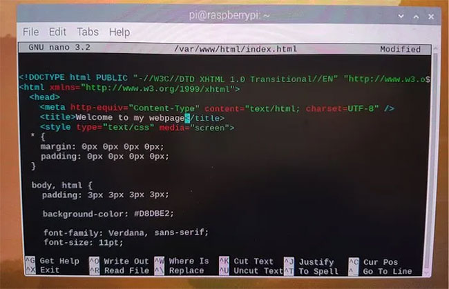 Khởi chạy file index.html trong trình chỉnh sửa Nano