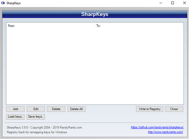 Màn hình đầu tiên của ứng dụng Sharpkeys