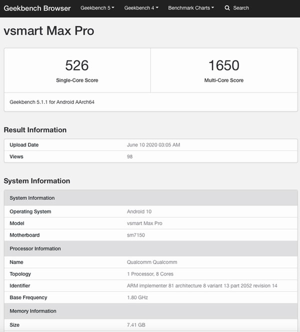 Thông số điện thoại Vsmart mới lộ diện trên trang Geekbench.