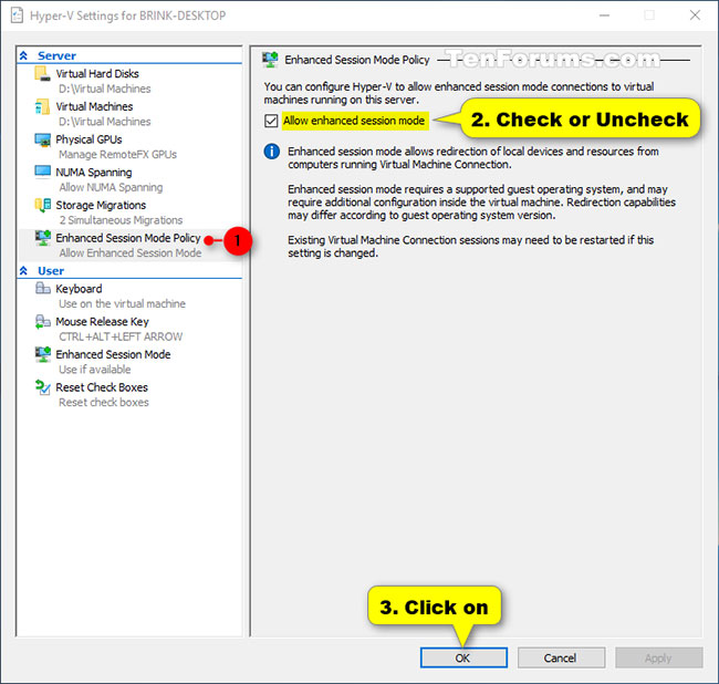 Nhấp vào Enhanced Session Mode Policy trong Server