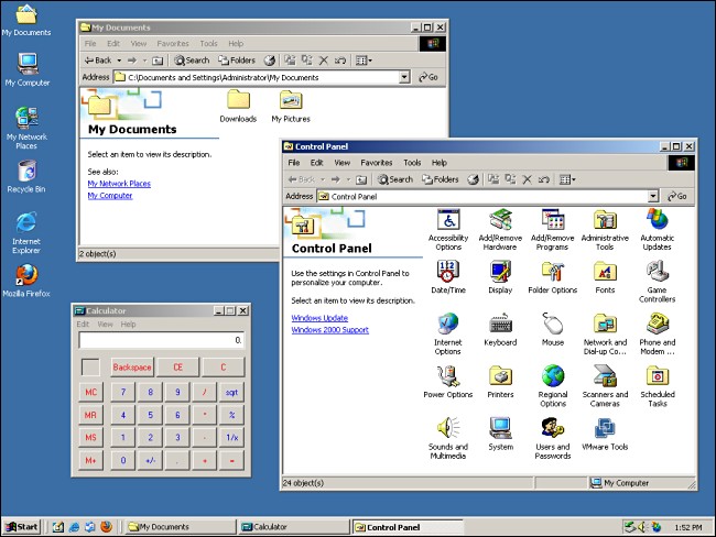 Giao diện màu xám đầy tính chuyên nghiệp của Windows 2000