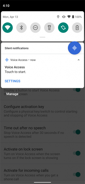 Truy cập Voice Access từ thanh trạng thái