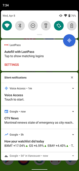 Kéo thanh trạng thái, chọn Voice Access