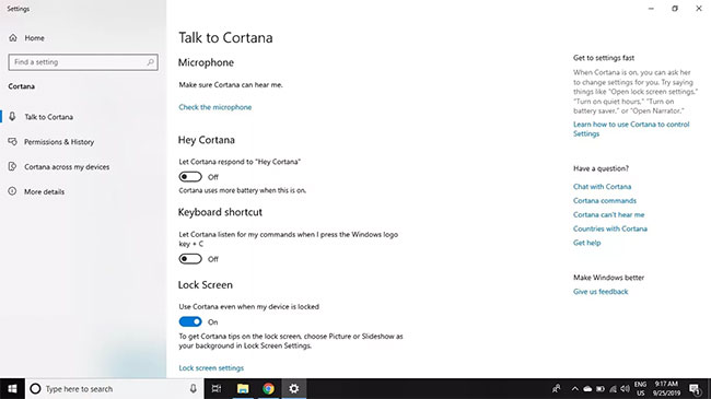 Đặt Hey Cortana và Keyboard shortcut thành Off