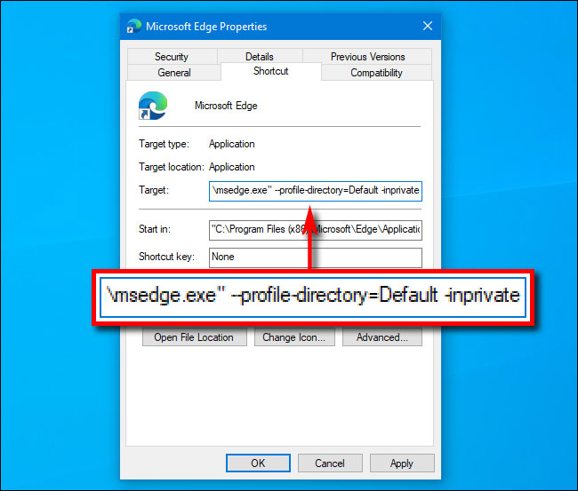 Hộp sẽ bao gồm đường dẫn đến ứng dụng Edge, khoảng trắng, dấu gạch ngang và chữ "inprivate" ở cuối