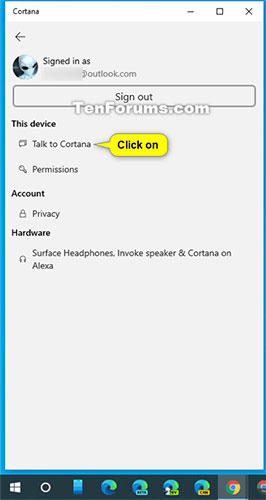 Nhấp vào Talk to Cortana trong This device