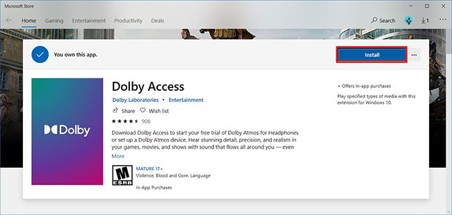 Nhấp vào nút Install để cài đặt ứng dụng Dolby Access trên Windows 10