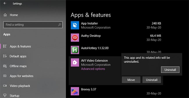 Nhấp vào Uninstall trong menu xuất hiện