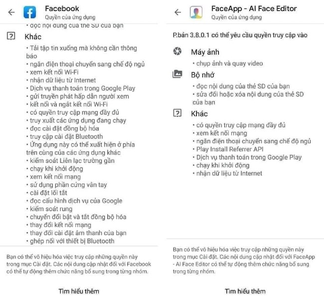 So với FaceApp, Facebook số lượng quyền truy cập của ứng dụng nhiều hơn gấp mấy lần
