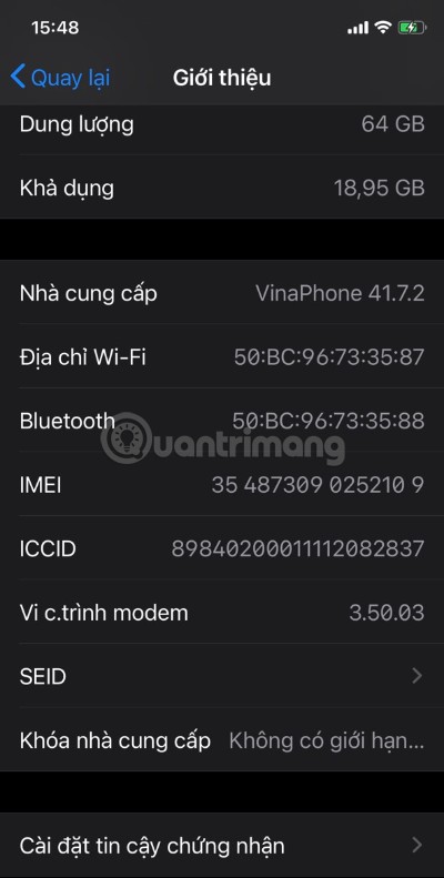 iPhone quốc tế sẽ hiển thị "Không có giới hạn SIM" ở phần Khóa nhà cung cấp