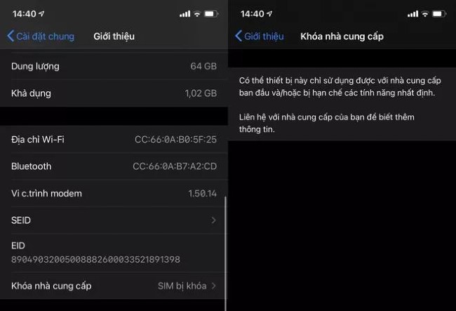 Còn iPhone Lock sẽ hiển thị "SIM bị khóa " ở phần Khóa nhà cung cấp kèm thông báo